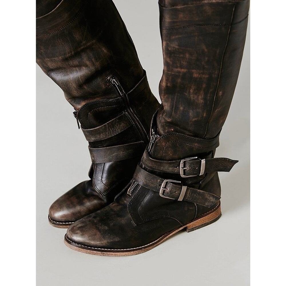 Free People Distressed Dark Brown Leather Buckle Heeled Boots